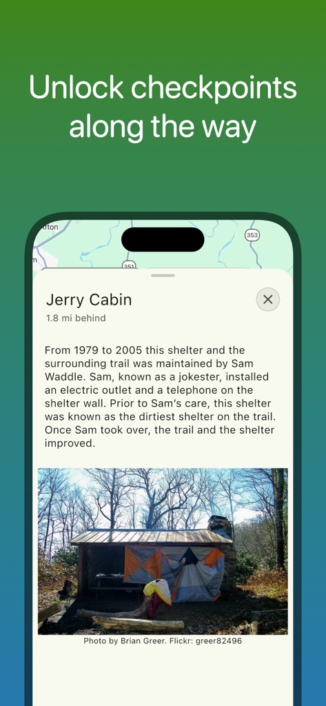 Walk The Distance - A screenshot of the Walk The Distance app showing a virtual trail checkpoint for Jerry Cabin with historical information and a photo of a shelter.