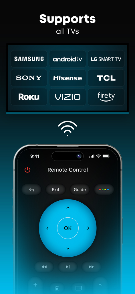 Stick app interface showing universal compatibility with major TV brands like Samsung, LG, Roku, and Fire TV