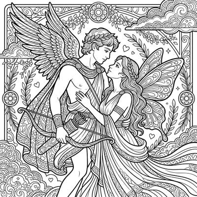 Explore the timeless tale of love and the soul with this beautifully intricate coloring page featuring Cupid and Psyche. Designed for adults, it offers a detailed and meditative coloring experience.