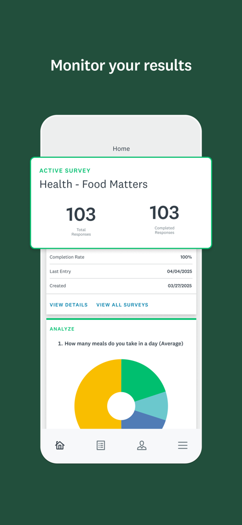 Tela do aplicativo móvel SurveyMonkey mostrando contagens de respostas de pesquisa em tempo real e um gráfico de pizza para análise de dados.