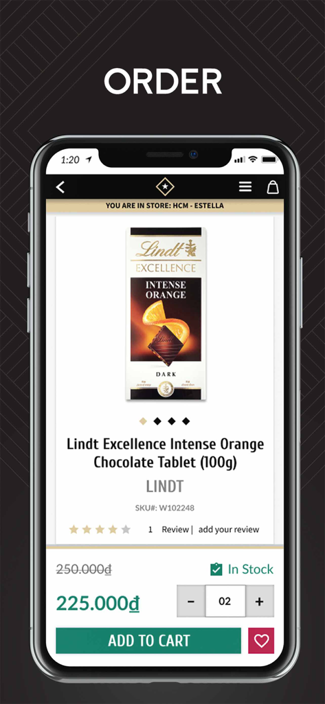 Annam Gourmet - Annam Gourmet mobile app interface showing a Lindt Intense Orange chocolate bar with price and add to cart button