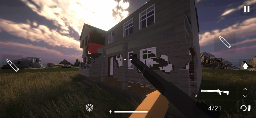 Building Destruction - Vue à la première personne d'un fusil à pompe pointé sur une maison endommagée dans le jeu mobile Building Destruction
