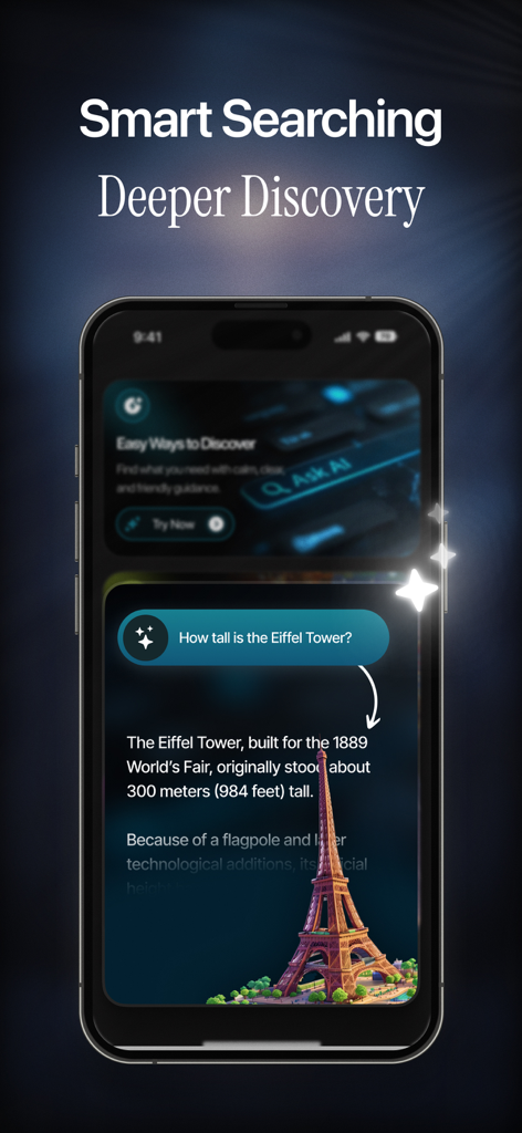 Interfaz de búsqueda inteligente de IA de la aplicación Resultex mostrando una respuesta a una pregunta sobre la Torre Eiffel