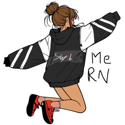 realistic girl jumping with a bun and oversized sweatshirt