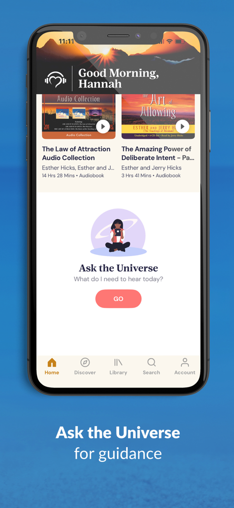 Empower You: Unlimited Audio - Home screen of the Empower You app showing the Ask the Universe guidance feature and self-help audiobooks