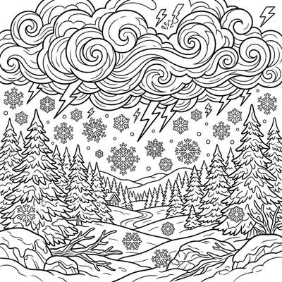 Experience the raw beauty of a winter storm with this intricate coloring page, perfect for adults and teens. Featuring stylized clouds, lightning, and abundant snowflakes, it offers a dramatic scene waiting for your creative touch.