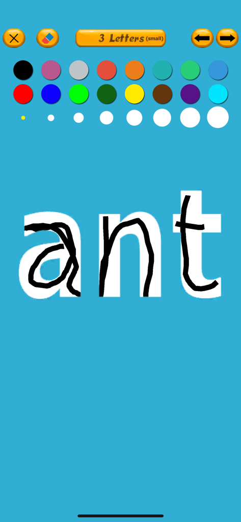Letter Tracing for English - A child tracing the word ant in the English Letter Tracing educational app with various color pen options