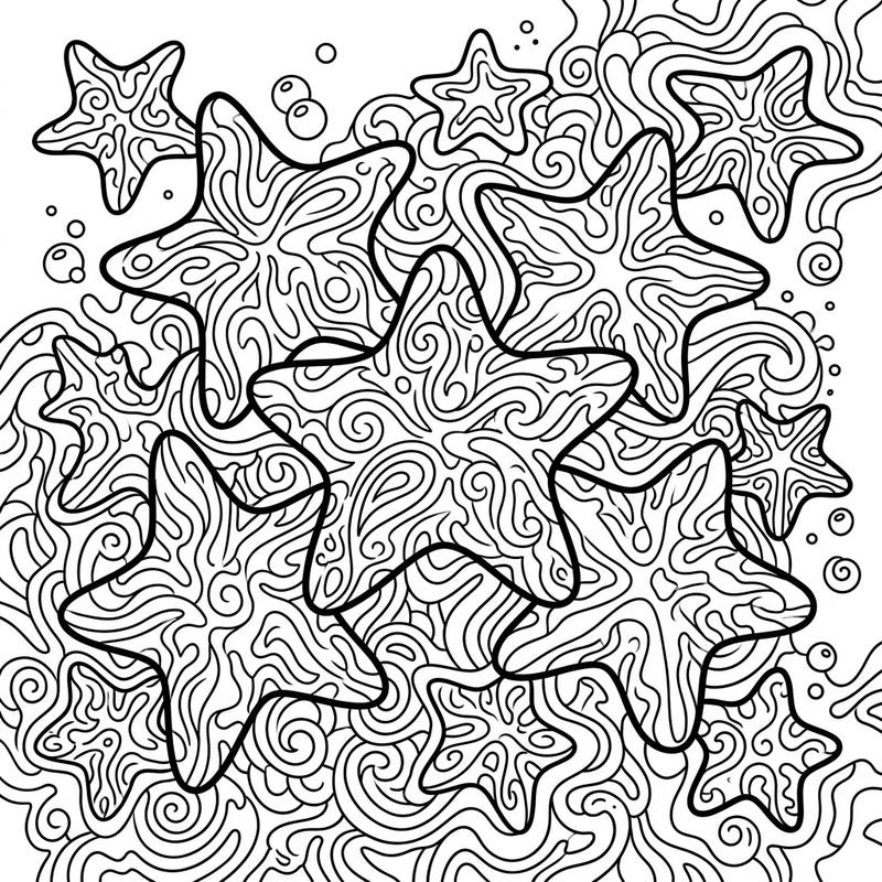 Immerse yourself in a world of underwater wonder with this captivating psychedelic cushion stars coloring page. Its intricate swirling patterns and unique marine life design promise a truly unique and relaxing artistic journey.