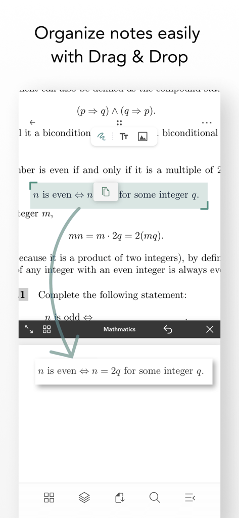 Flexcil for Education app interface demonstrating the drag and drop feature to organize mathematical notes from a textbook into a notebook.