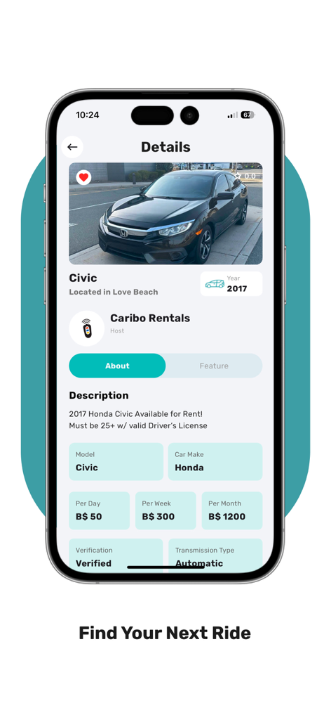 Caribo Bahamas - Caribo Bahamas 앱 인터페이스 (Honda Civic의 상세 자동차 렌탈 목록 표시, 일별 및 주별 가격 포함)