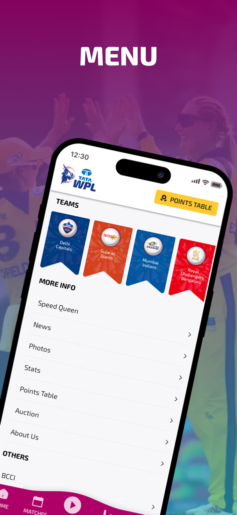 Women's Premier League (WPL) - Menú de la aplicación móvil de la Women's Premier League que muestra equipos como Mumbai Indians y navegación para noticias y estadísticas