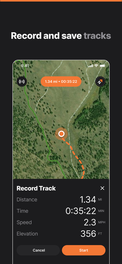 GOHUNT: Research & Maps - Interface do aplicativo GOHUNT mostrando rastreamento GPS em tempo real com dados de distância e elevação em um mapa de satélite