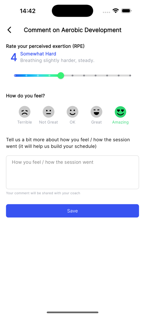 Athletica AI Training Plans - Pantalla de la aplicación Athletica AI para registrar el esfuerzo percibido y los comentarios sobre el estado de ánimo post-entrenamiento.