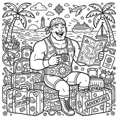 Join a mighty wrestler as he takes a well-deserved vacation, surrounded by suitcases and exciting travel plans. This vibrant coloring page captures the joy of exploration, perfect for all ages.
