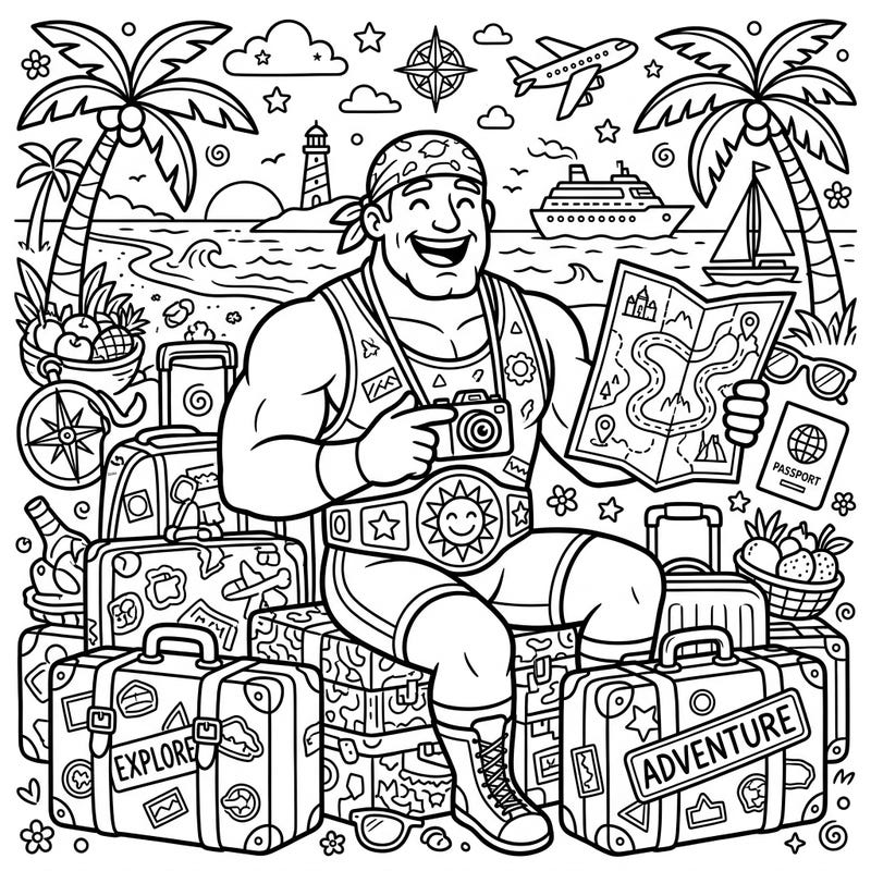 Join a mighty wrestler as he takes a well-deserved vacation, surrounded by suitcases and exciting travel plans. This vibrant coloring page captures the joy of exploration, perfect for all ages.