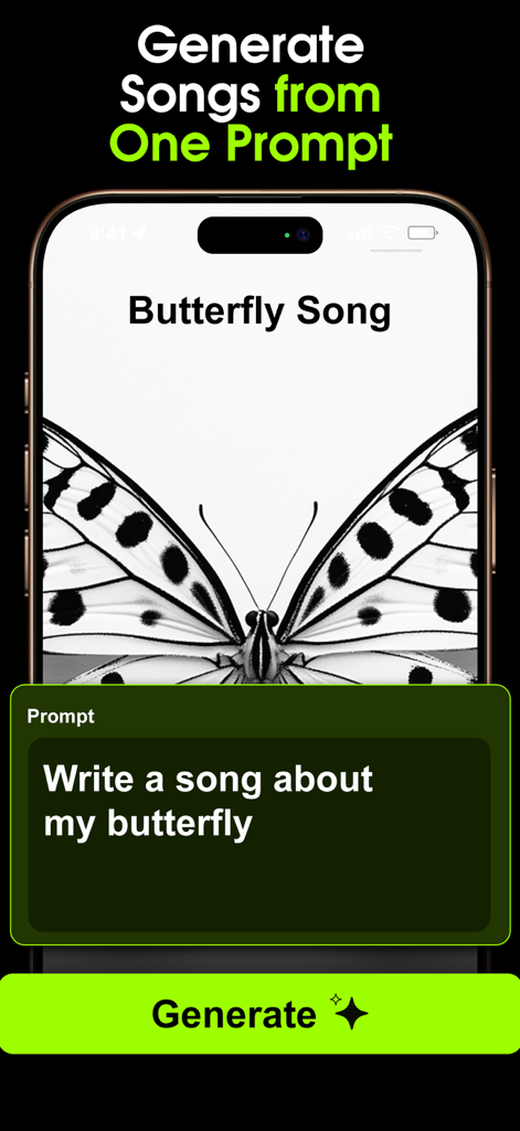 Mobile app interface showing a text prompt to generate a song about a butterfly in Zuka AI