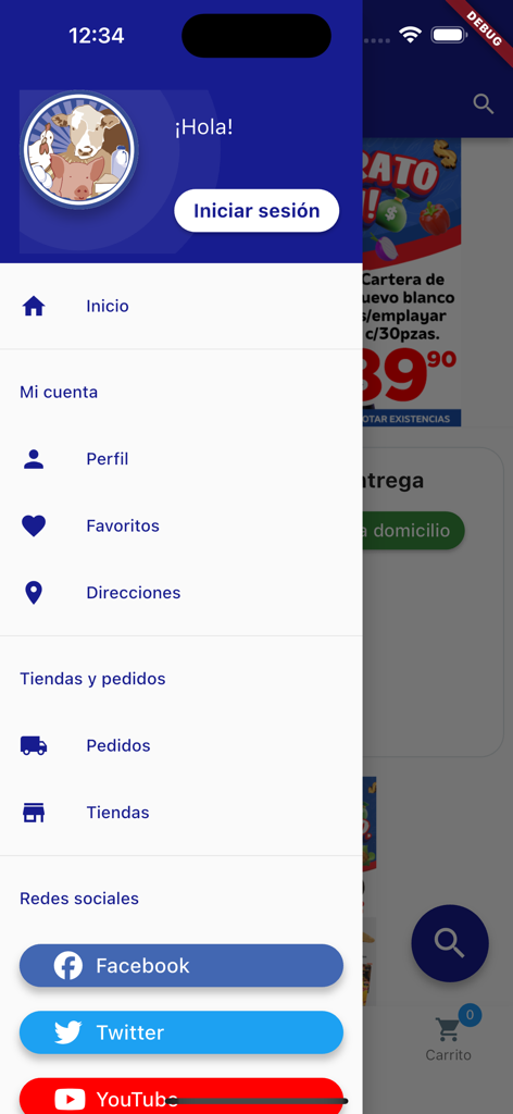 El Florido - Menú de navegación lateral de la app móvil El Florido mostrando la configuración de la cuenta y las ubicaciones de las tiendas