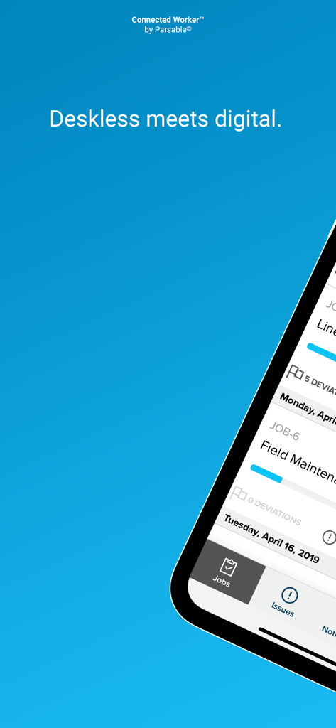 Parsable - Parsable app screenshot showing the slogan Deskless meets digital and a mobile job management interface for industrial frontline workers.