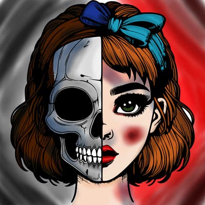 realistic girl with half skull mask
