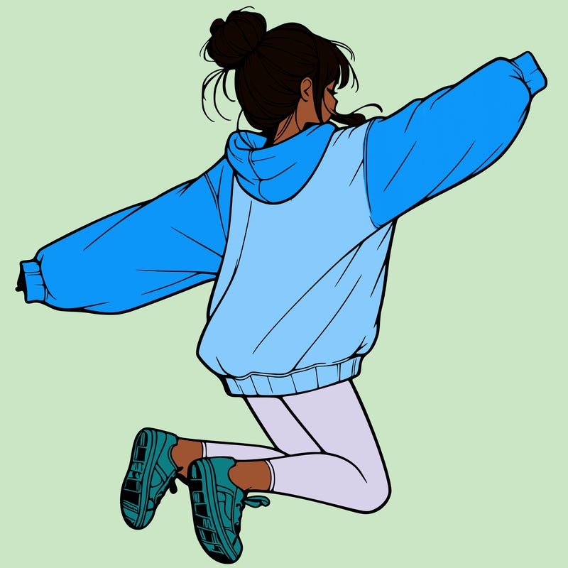 realistic girl jumping with a bun and oversized sweatshirt