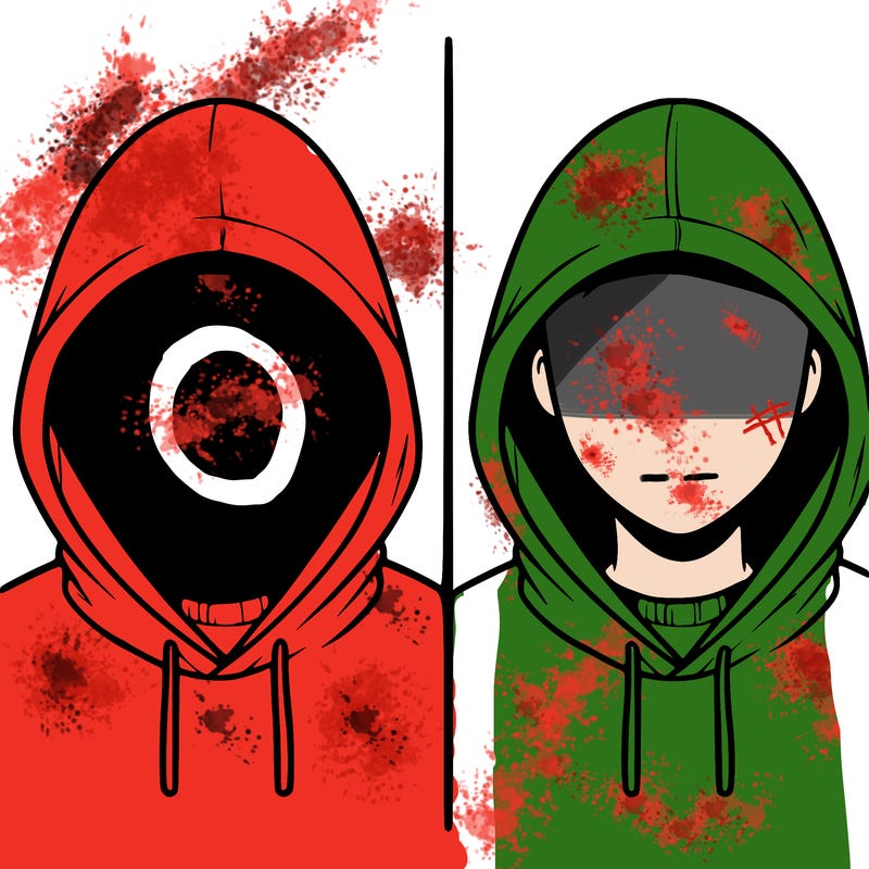 a person with a hoodie and no face, the drawing is split in 2