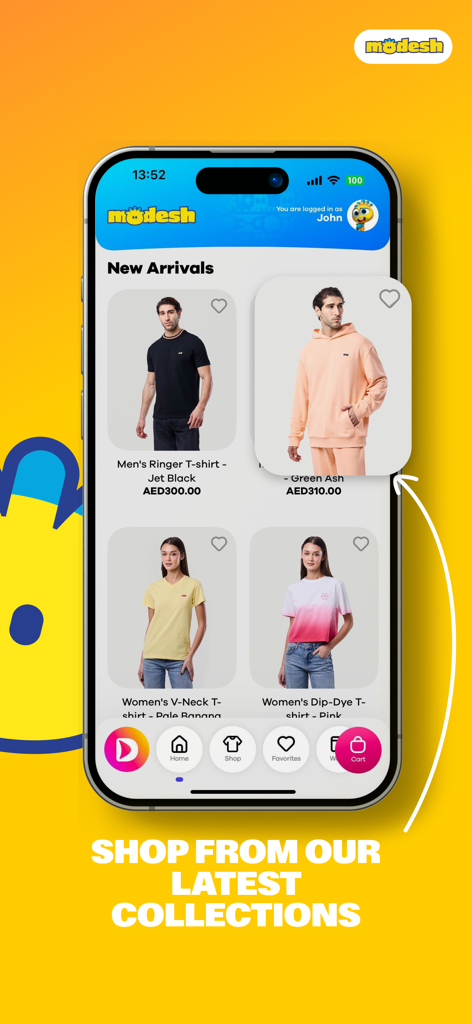 Dream Dubai mobile App-Oberfläche, die die neuesten Bekleidungskollektionen und Einkaufsmöglichkeiten zeigt