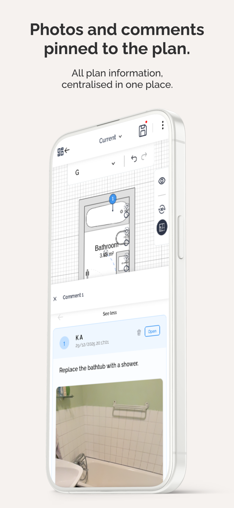 Visuary - The Smart Floor Plan - Bathroom floor plan showing a pinned photo and renovation comment in the Visuary app