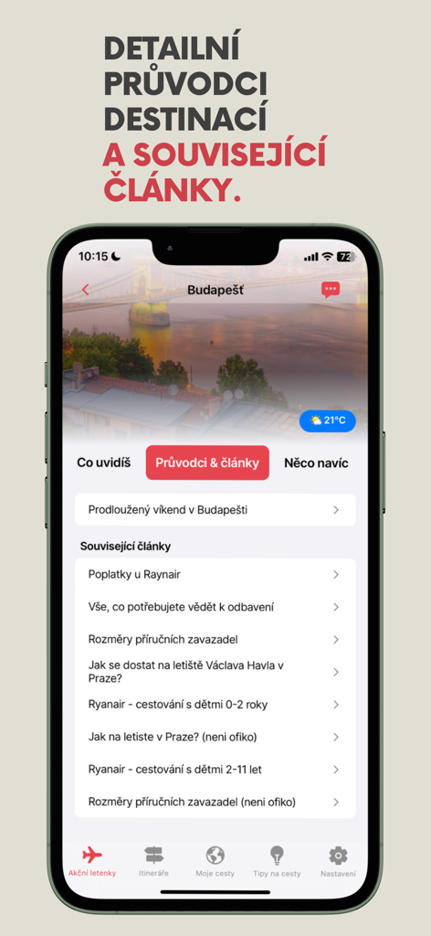 FlyAway: levné letenky, cesty - FlyAway app screen showing destination guides and travel articles for Budapest