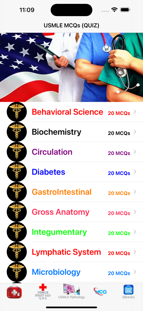 USMLE STEP 1 QUESTION BANK - Mobile app screen showing a list of medical study categories for USMLE Step 1 MCQs including Biochemistry and Microbiology