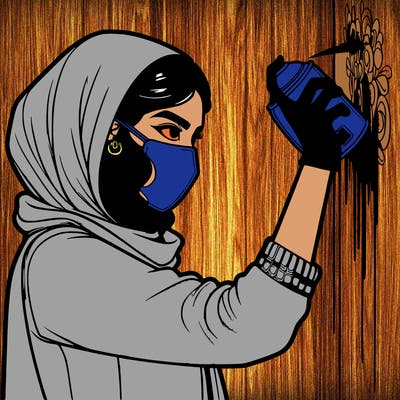 realistic girl with mask spray painting a wall
