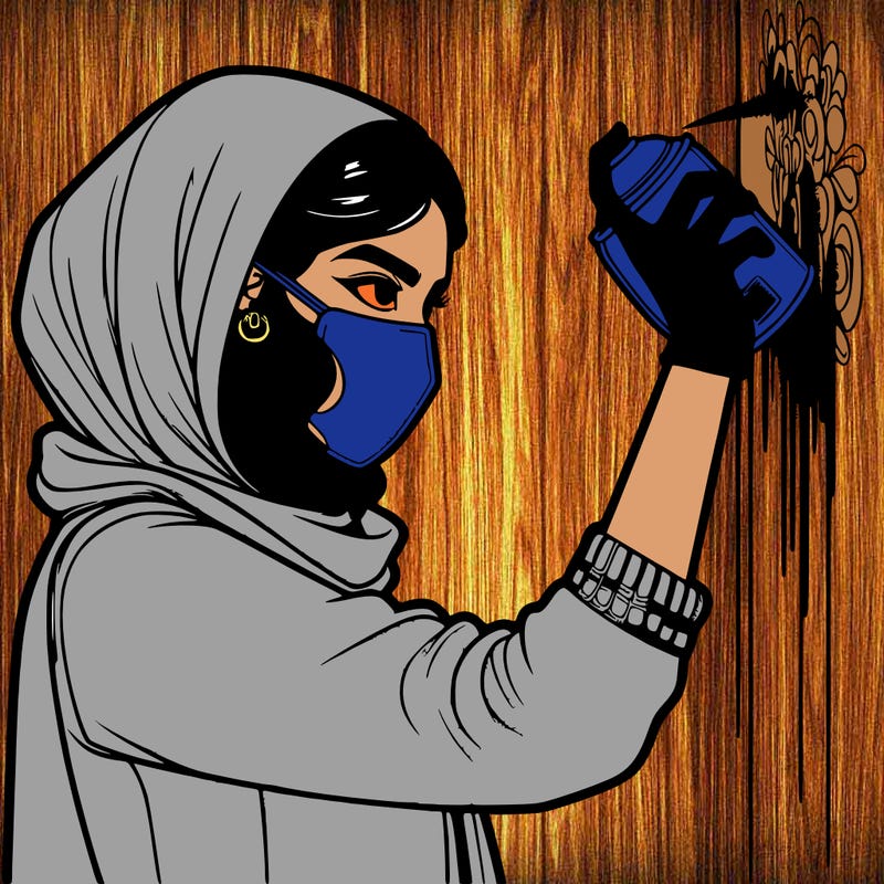 realistic girl with mask spray painting a wall