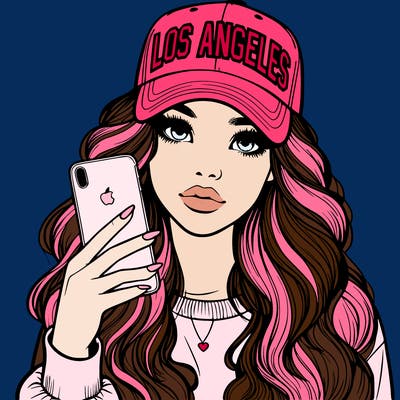 realistic beautiful girl wearing los ángeles cap holding an iphone
