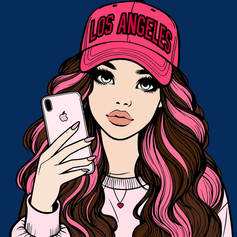 realistic beautiful girl wearing los ángeles cap holding an iphone