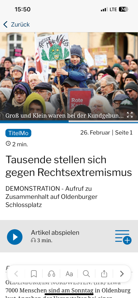Ein Nachrichtenartikel in der Nordwest EPAPER App über eine Demonstration gegen Rechtsextremismus in Oldenburg.