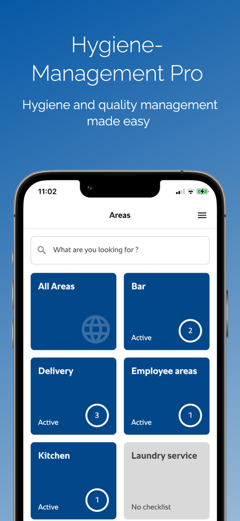 Dashboard view of the Hygiene Management Pro app showing selectable facility areas like Kitchen, Bar, and Delivery.