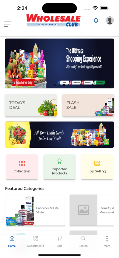 Schermata principale dell'app Wholesale Club che mostra offerte di shopping e prodotti importati