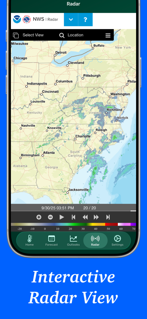 Aeravis Weather - Vista de radar interactiva de la aplicación Aeravis Weather mostrando precipitación sobre el este de los Estados Unidos.