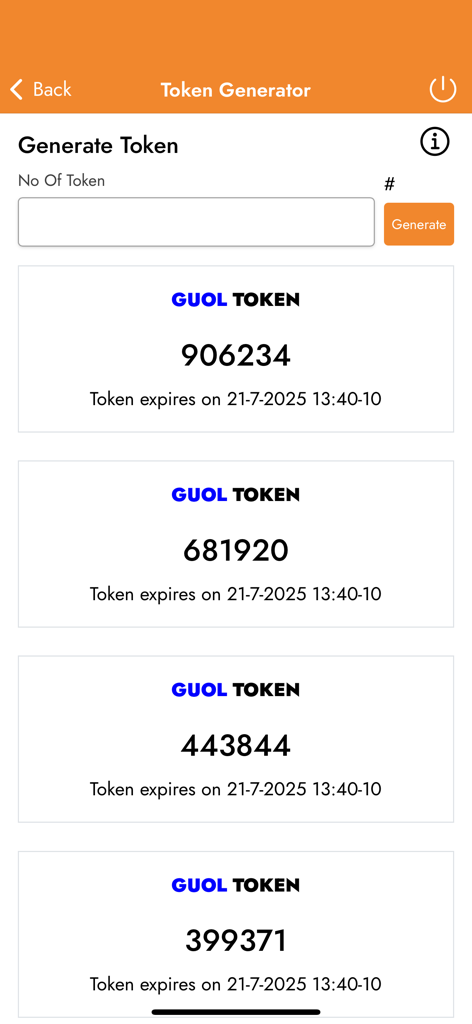 GUO Logistics - Security token generator interface in the GUO Logistics mobile app showing active tokens and their expiration dates.