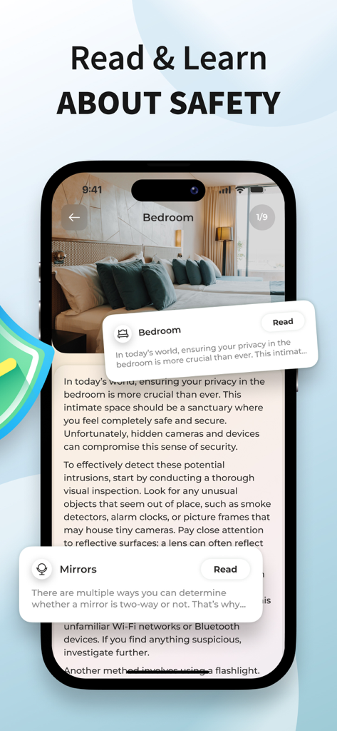 Mobile app screen displaying privacy and safety guides for detecting hidden cameras in a bedroom.