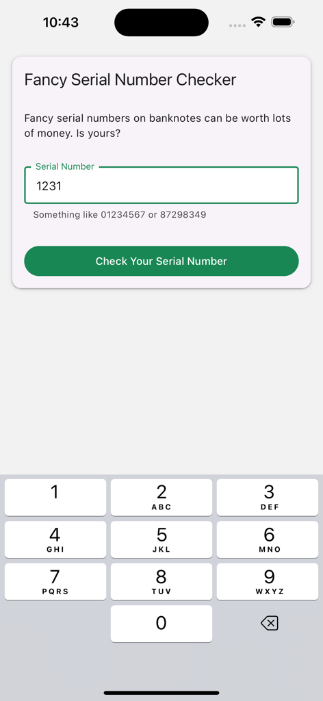 Interface of the MyCurrencyCollection app showing the Fancy Serial Number Checker feature for U.S. banknotes.
