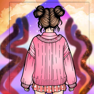 girl in a over sized sweater with cute space buns and shirt back hair