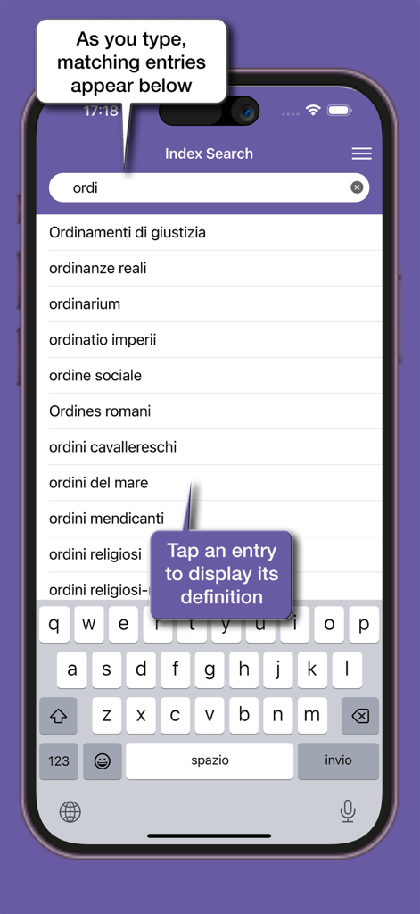 Index search feature of the Garzantine Medioevo reference app