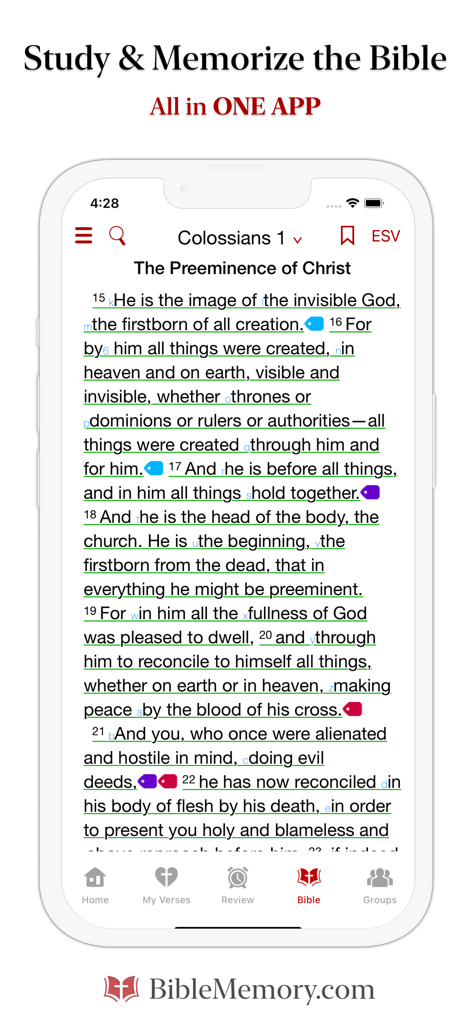 The Bible Memory App - Interfaccia di studio dell'app per memorizzare la Bibbia che mostra le Scritture sottolineate da Colossesi 1 per la memorizzazione.