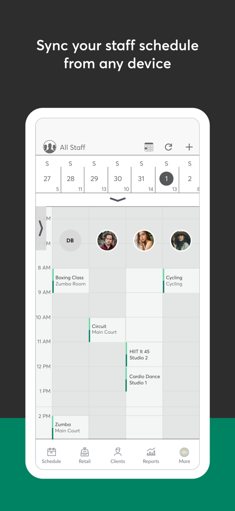 Mindbody Business app interface showing a detailed staff schedule for a fitness studio