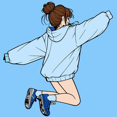 realistic girl jumping with a bun and oversized sweatshirt