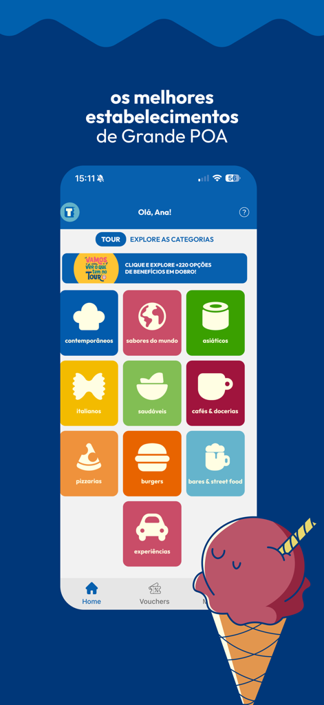 Tour Grande POA app interface displaying various food and experience categories like Italian food burgers and cafes