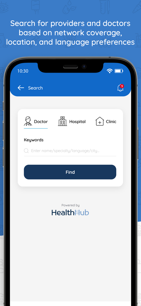 myNAS app search interface for finding doctors hospitals and clinics