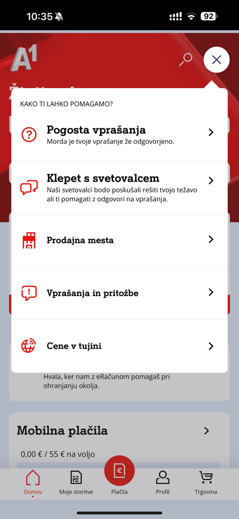 Moj A1 - The help and support menu of the Moj A1 mobile app featuring options for FAQ live chat and store locations
