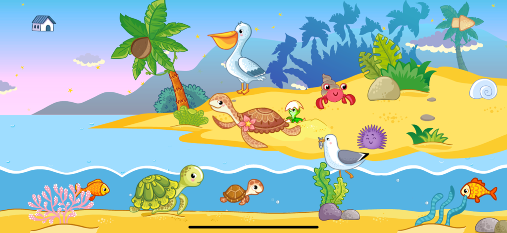 Uma cena de praia colorida de desenho animado com tartarugas, peixes e pássaros para crianças pequenas.