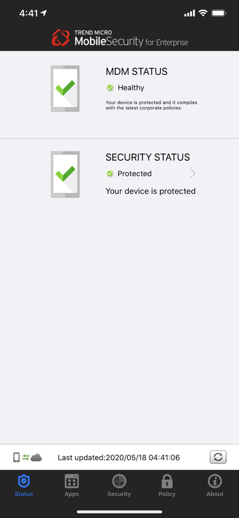 Enterprise Mobile Security - Tableau de bord de l'application Trend Micro Enterprise Mobile Security indiquant un statut MDM sain et une sécurité protégée